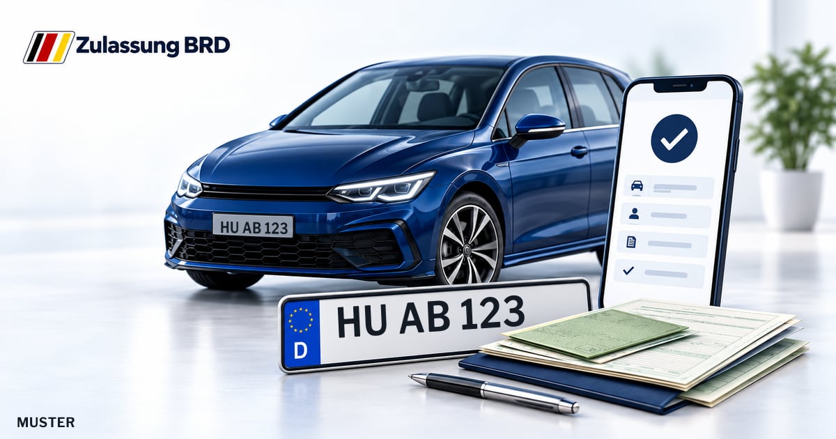 Online Fahrzeugzulassung in Hanau: Musterkennzeichen HU AB 123, Auto und Fahrzeugpapiere und Smartphone. Illustration mit Logo von Zulassung BRD.